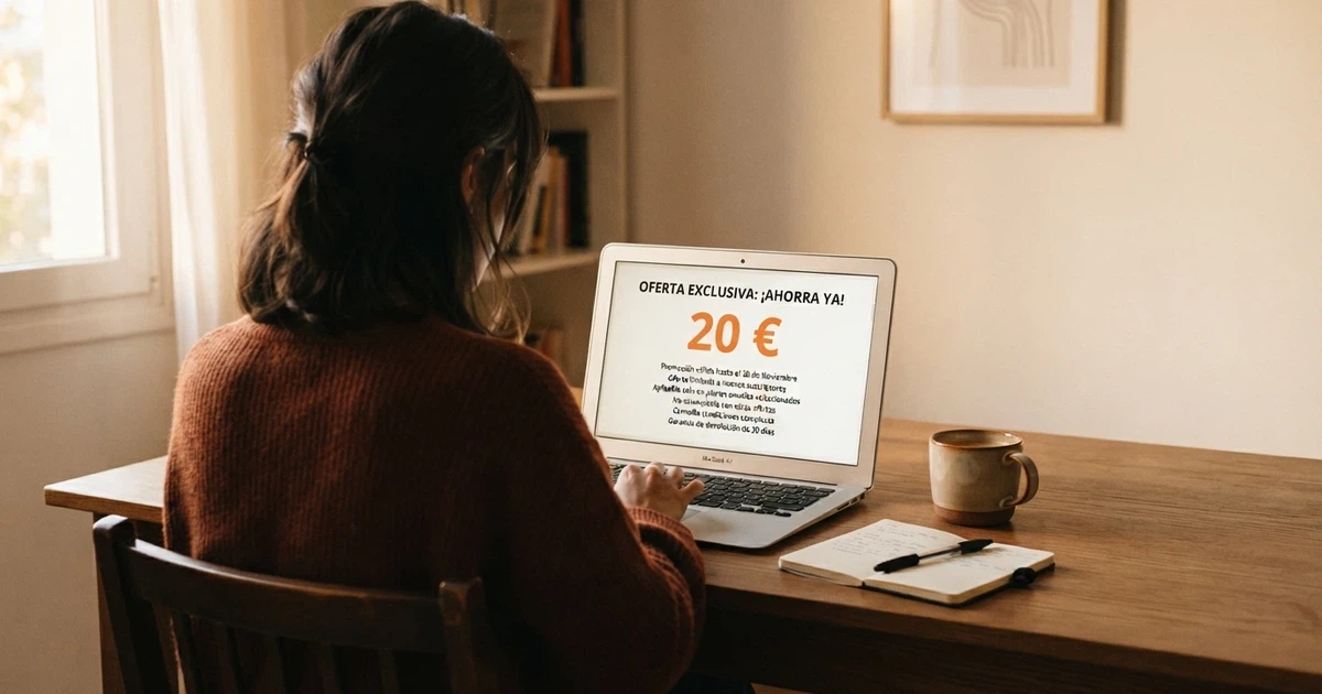 Un jugador consultando una página de condiciones de bono en la pantalla del ordenador, con una oferta de 20 euros visible