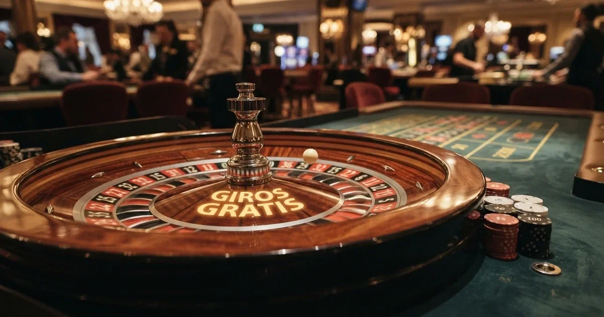 Ruleta de casino online con fichas de colores y las palabras «giros gratis» sobreimpresas en el centro
