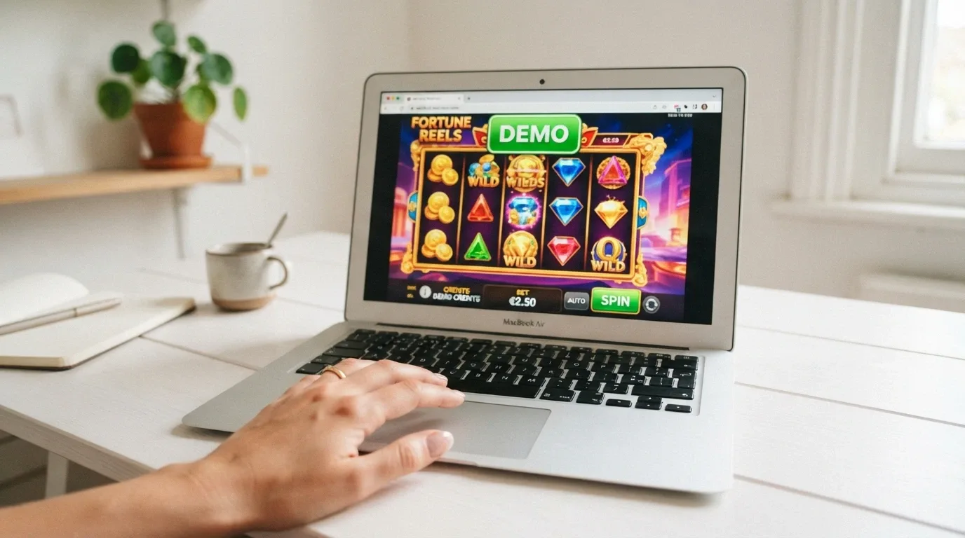 Mano sobre el touchpad de un portátil con un juego de casino cargándose directamente, sin pantalla de registro