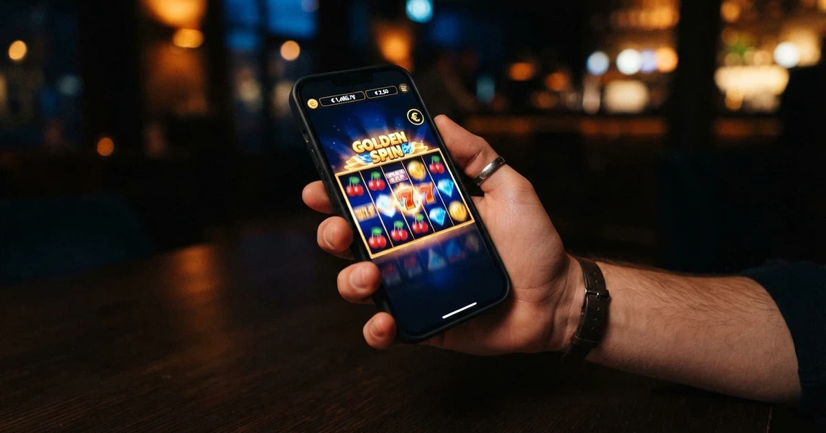 Un teléfono móvil mostrando en pantalla una tragaperras online con rodillos coloridos girando, sostenido en la mano de una persona