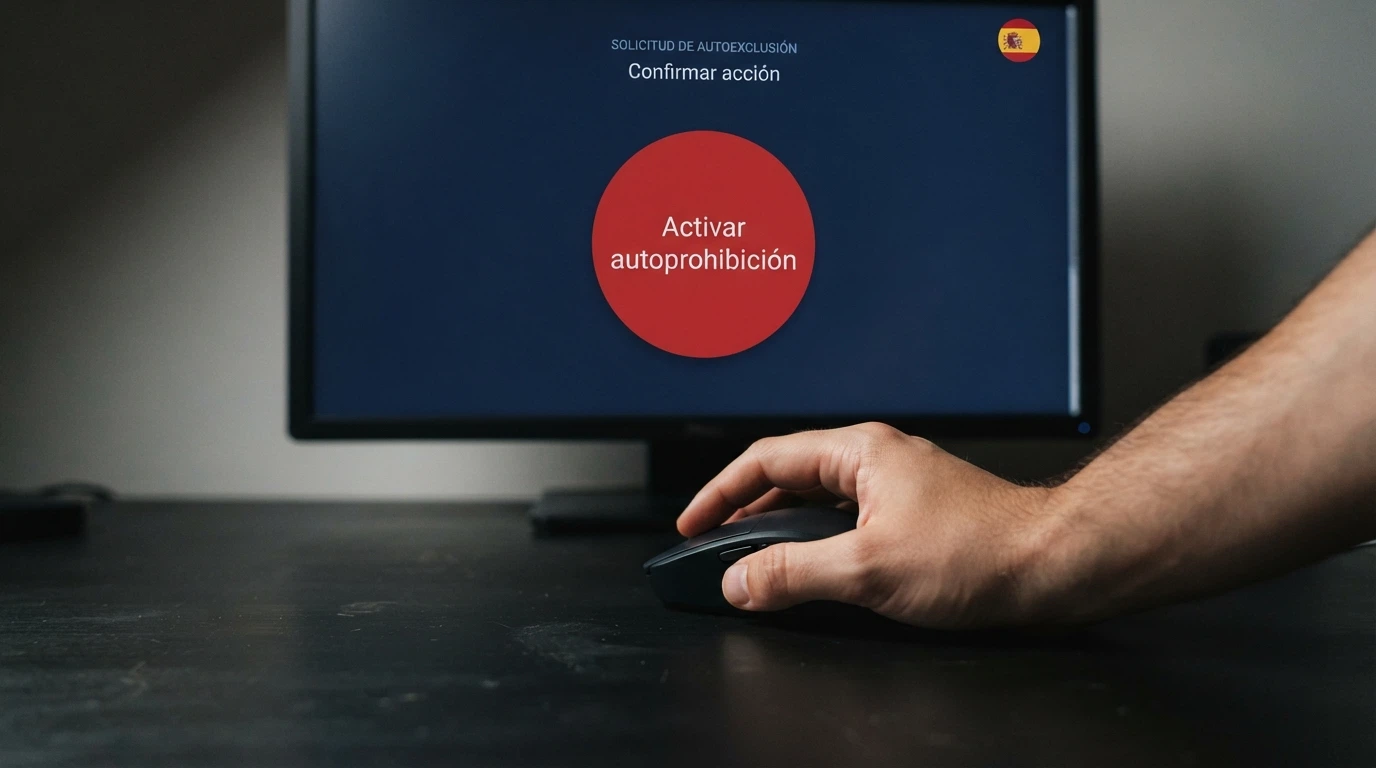 Una mano sobre el ratón a punto de hacer clic en un botón digital con el texto «Activar autoprohibición» sobre un fondo oscuro con el logo del RGIAJ y la bandera de España