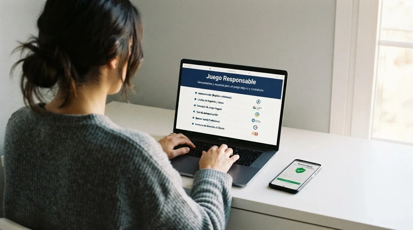 Una mano sobre el teclado junto a un teléfono móvil con la página de ordenacionjuego.es abierta en la sección de juego responsable