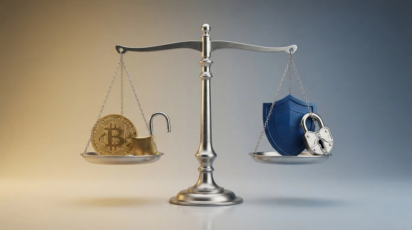Una balanza conceptual con el símbolo de bitcoin y un candado abierto en un platillo y el escudo de la DGOJ con un candado cerrado en el otro