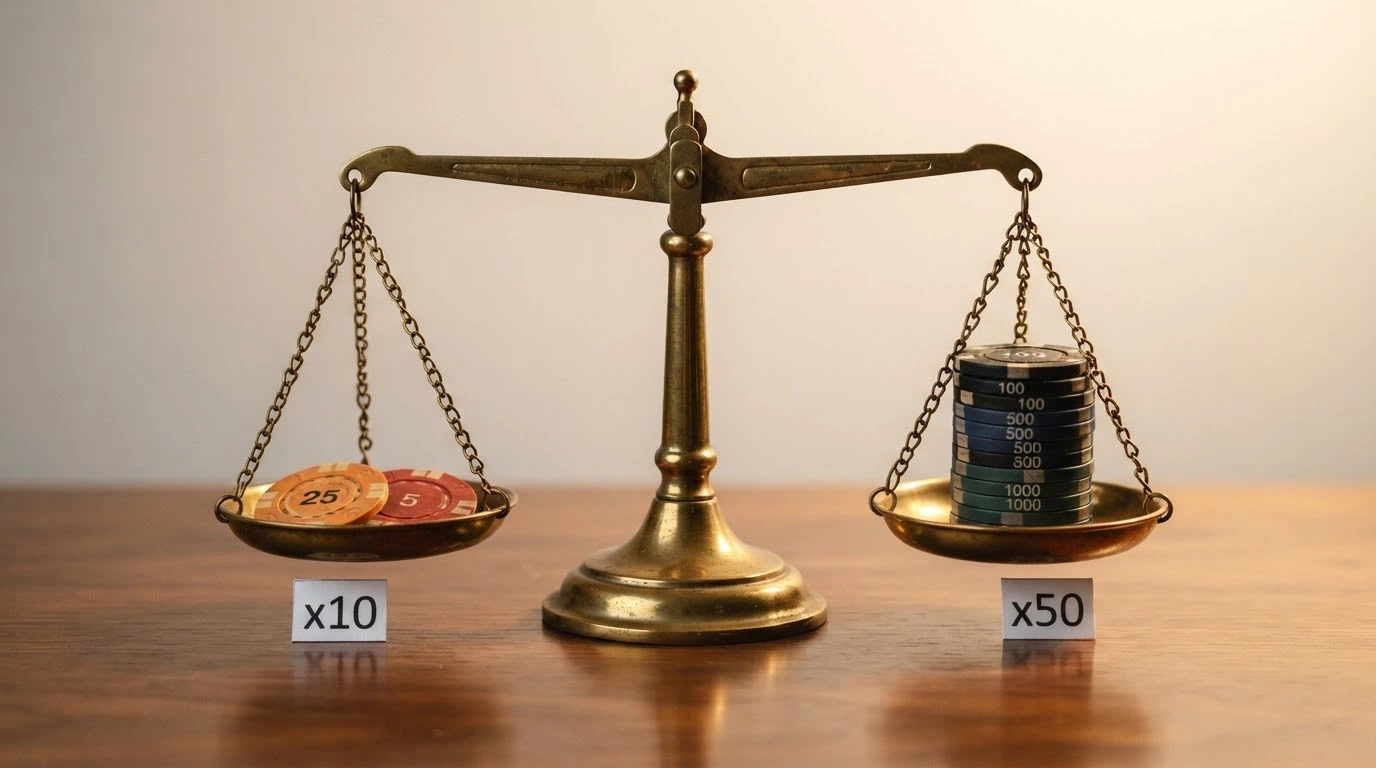 Una balanza con fichas en ambos platillos: pocas fichas con la etiqueta «x10» a la izquierda y muchas fichas con «x50» a la derecha