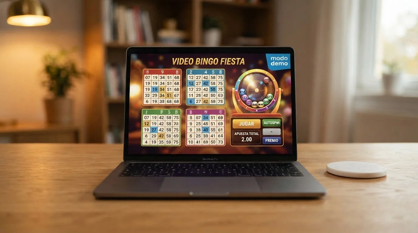 Pantalla de un video bingo en modo demostración, con el indicador de «dinero ficticio» o «modo demo» visible en una esquina