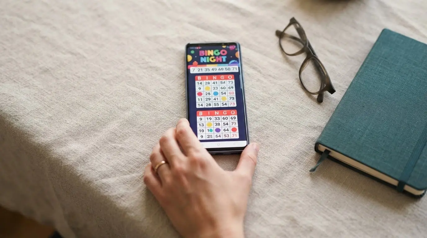 Un teléfono móvil mostrando una partida de video bingo en el navegador, con los cartones adaptados a la pantalla vertical