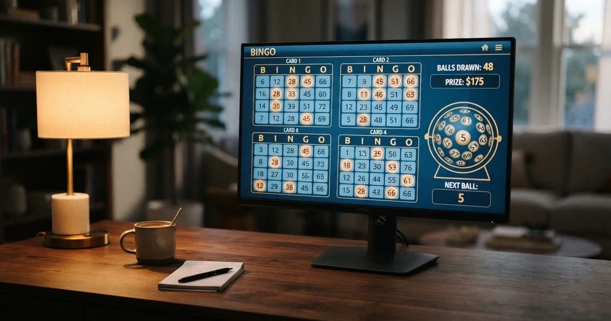Interfaz de un video bingo de casino con cuatro cartones activos en pantalla, los números extraídos resaltados y el bombo virtual en un lateral