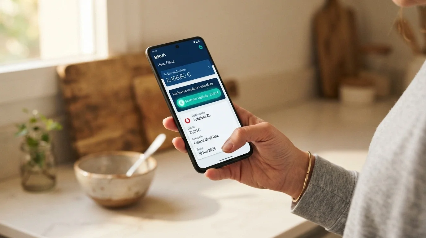 Un teléfono móvil mostrando la pantalla de la app bancaria con la opción de pago con Bizum seleccionada junto al logo de un casino con licencia española