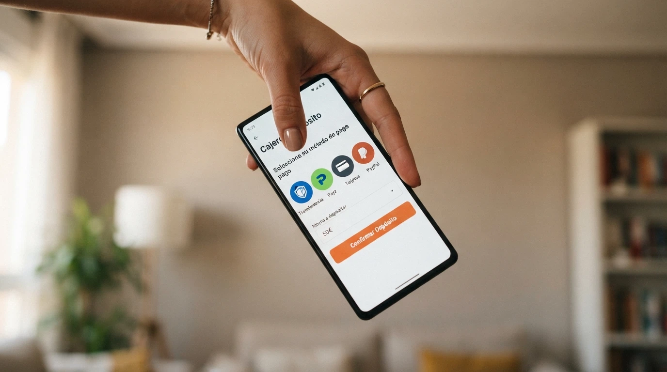 Teléfono mostrando los iconos de Bizum, PayPal, Apple Pay y Google Pay sobre el fondo de la página de cajero de un casino online español