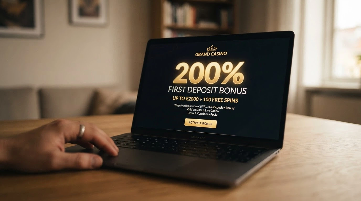 Pantalla de promoción de bono de bienvenida en un casino cripto con el porcentaje de bonificación destacado