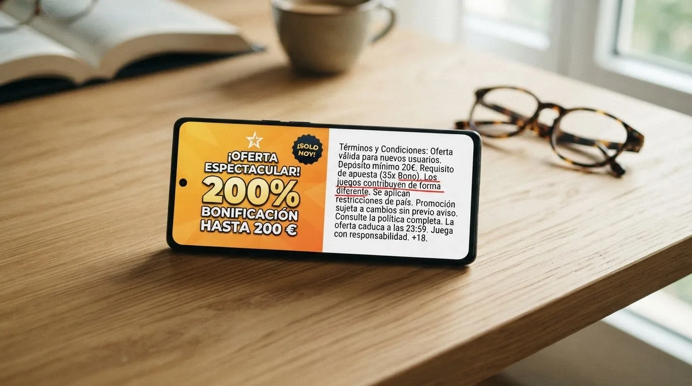 Un móvil con la pantalla partida: a la izquierda una oferta de bono («200% hasta 200 €»), a la derecha la letra pequeña con el requisito de apuesta subrayado