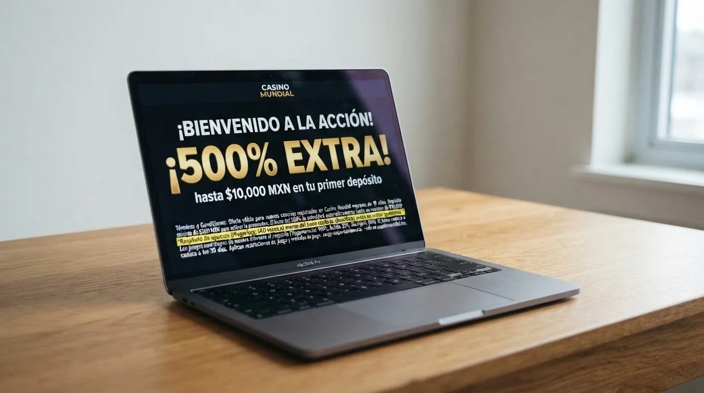Primer plano de la pantalla de un bono de bienvenida con el porcentaje de bonificación y la letra pequeña del requisito de apuesta resaltada.