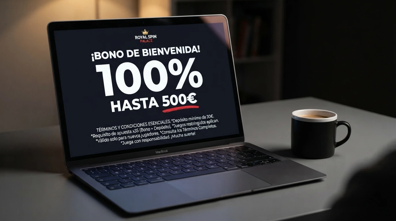 Primer plano de una pantalla con los términos de un bono de casino: el porcentaje de match aparece grande y el multiplicador de rollover, pequeño pero subrayado en rojo