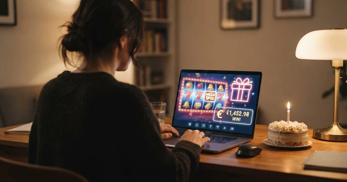 Un jugador frente a la pantalla de un casino online, con un icono de regalo y una tarta de cumpleaños junto al saldo de su cuenta