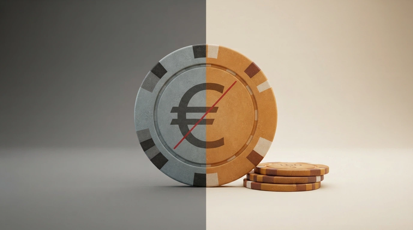 Una ficha de casino partida en dos: una mitad con el símbolo del euro tachado (sin depósito) y otra con monedas (con depósito)