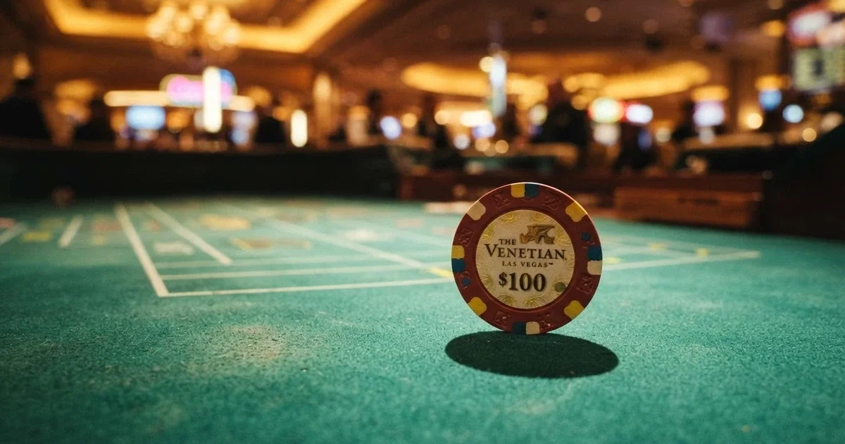 Primer plano de una ficha de casino sobre una mesa de juego con la palabra «sin rollover» visible, fondo difuminado de sala de casino