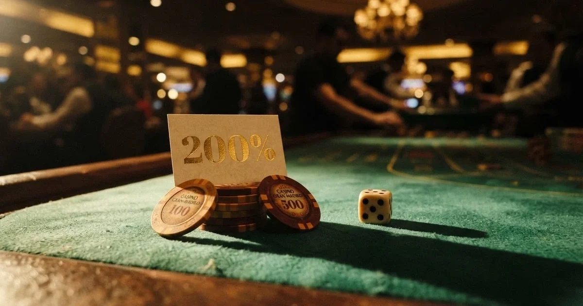 Representación visual de un bono de casino del 200% con fichas, dado y el porcentaje destacado