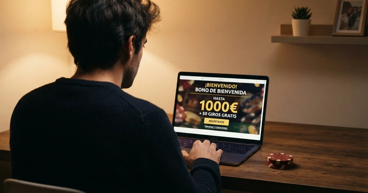 Un jugador frente a la pantalla de un casino online con el importe de un bono de bienvenida destacado en la interfaz