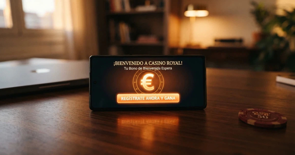Pantalla de un casino online español mostrando una oferta de bono sin depósito con el importe destacado y el botón de registro