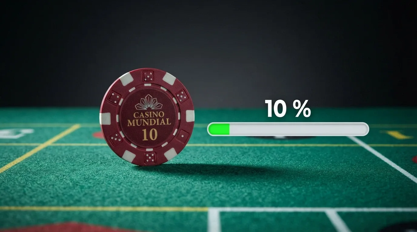 Una ficha de 100 € sobre una mesa de ruleta en vivo y a su lado una barra de progreso de liberación del bono que solo avanza un 10 %, ilustrando la contribución reducida al rollover