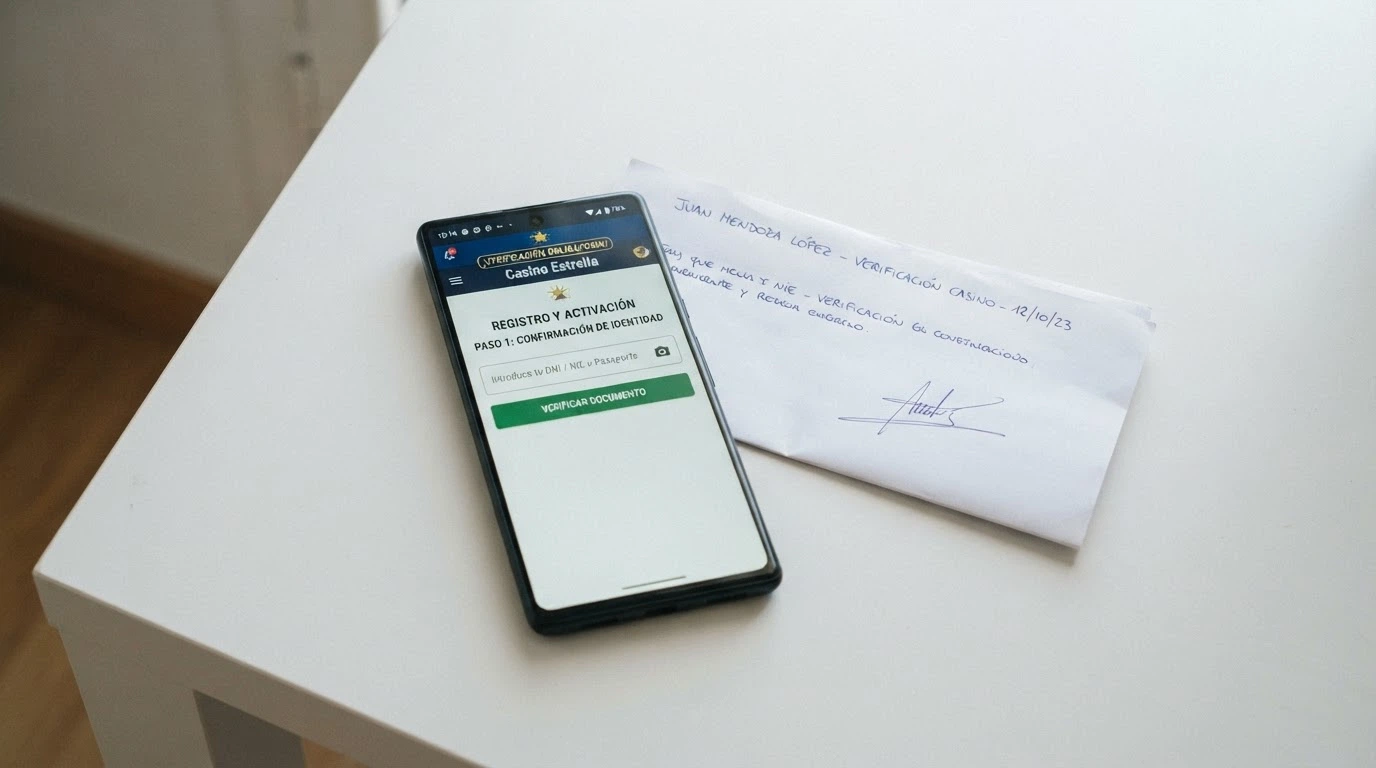 Pantalla de registro en un casino online español mostrando el campo de verificación de identidad junto al banner de una promoción sin depósito