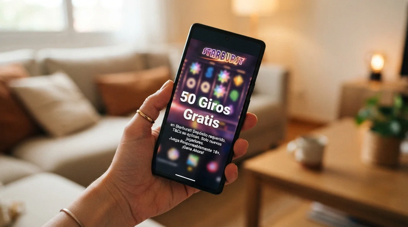 Pantalla promocional con el texto de un bono de giros gratis por registro, junto a una tragaperra de fondo y condiciones visibles