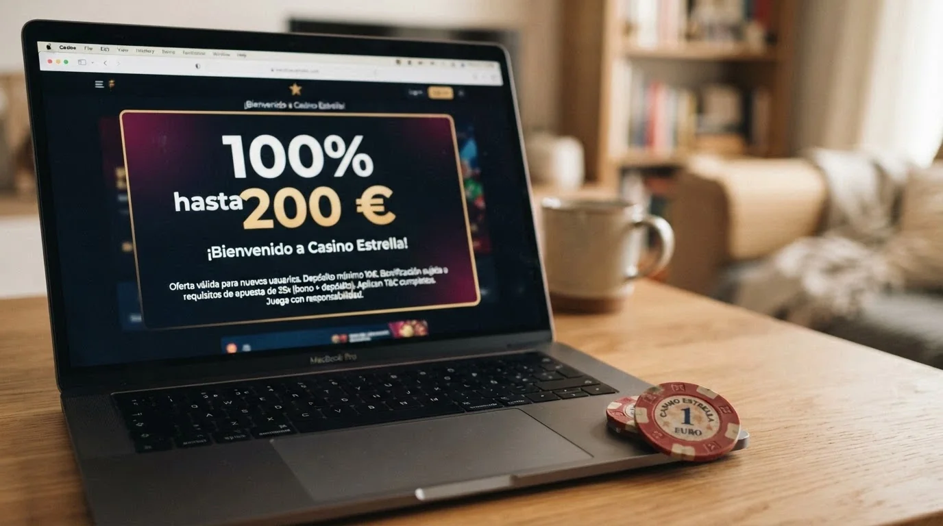 Primer plano de una pantalla con los términos de un bono de bienvenida, destacando el requisito de apuesta y el importe máximo