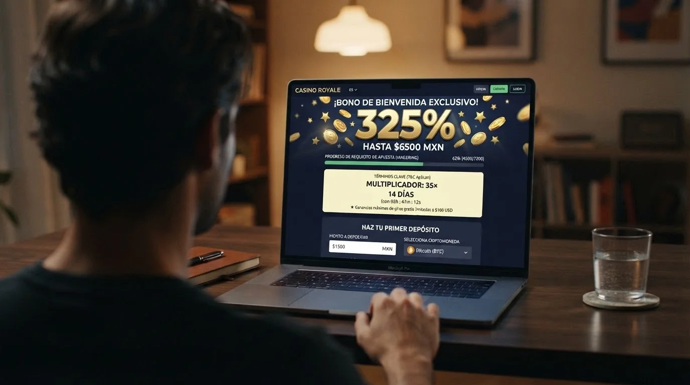 Pantalla de bono de bienvenida de un casino cripto con el porcentaje en grande y la letra pequeña del wagering y el plazo resaltada con un subrayado