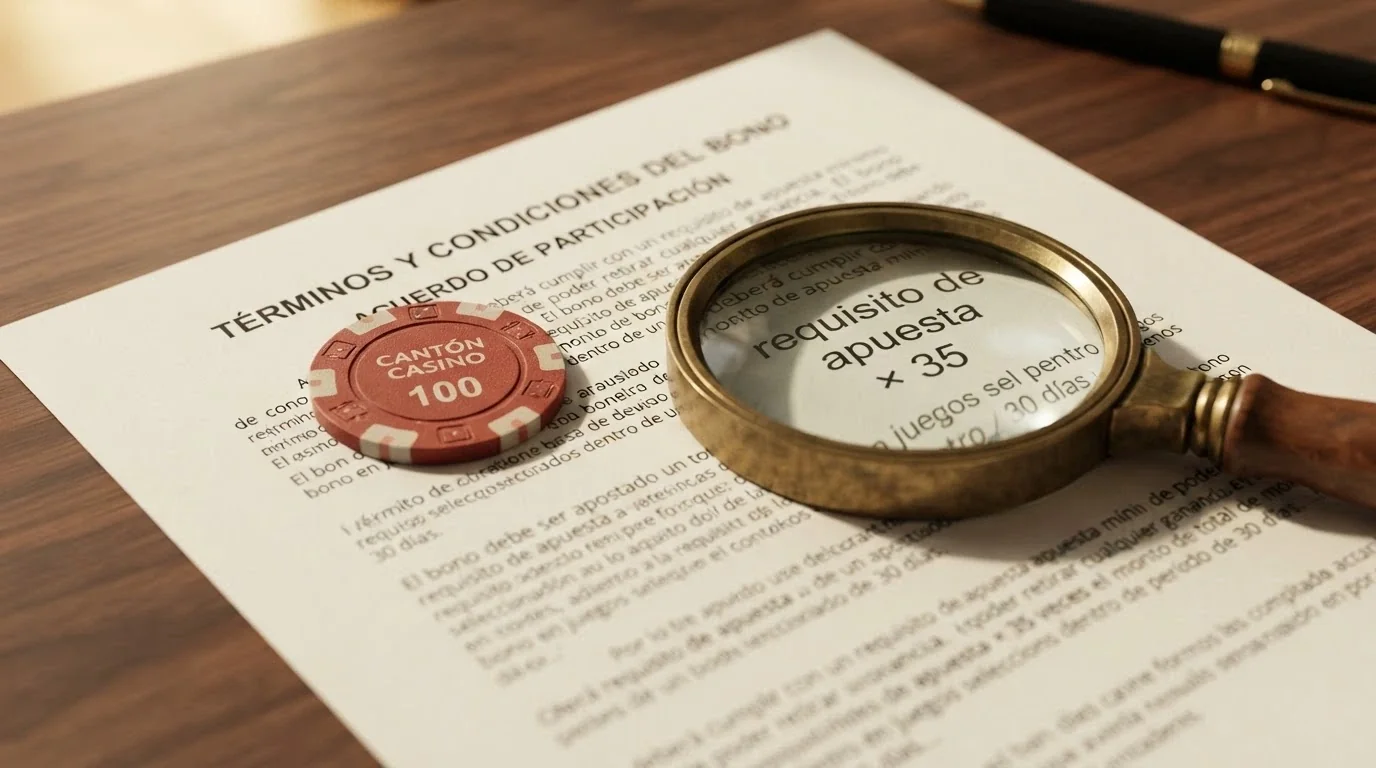 Un billete de 5 euros sobre un contrato con lupa que amplía la letra pequeña de «requisito de apuesta x35»