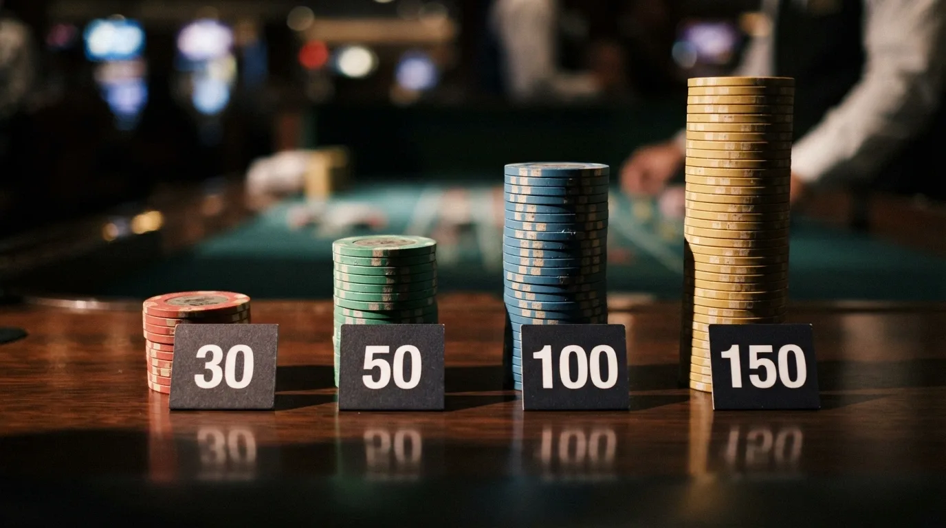 Representación de pilas de monedas agrupadas en cuatro montones etiquetados con 30, 50, 100 y 150