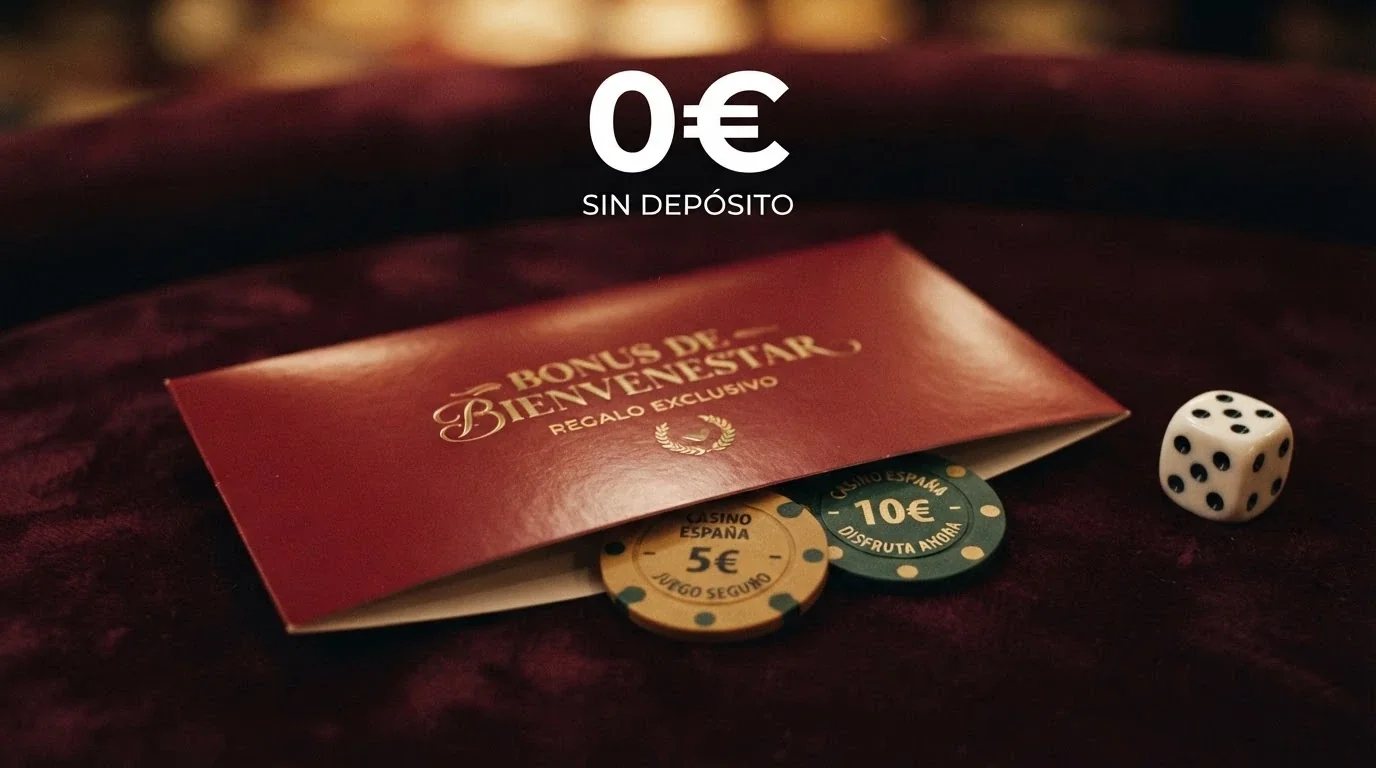 Un sobre de regalo abierto del que salen fichas de casino y un dado, con el texto '0€' destacado sobre un fondo que evoca el entorno de un casino online