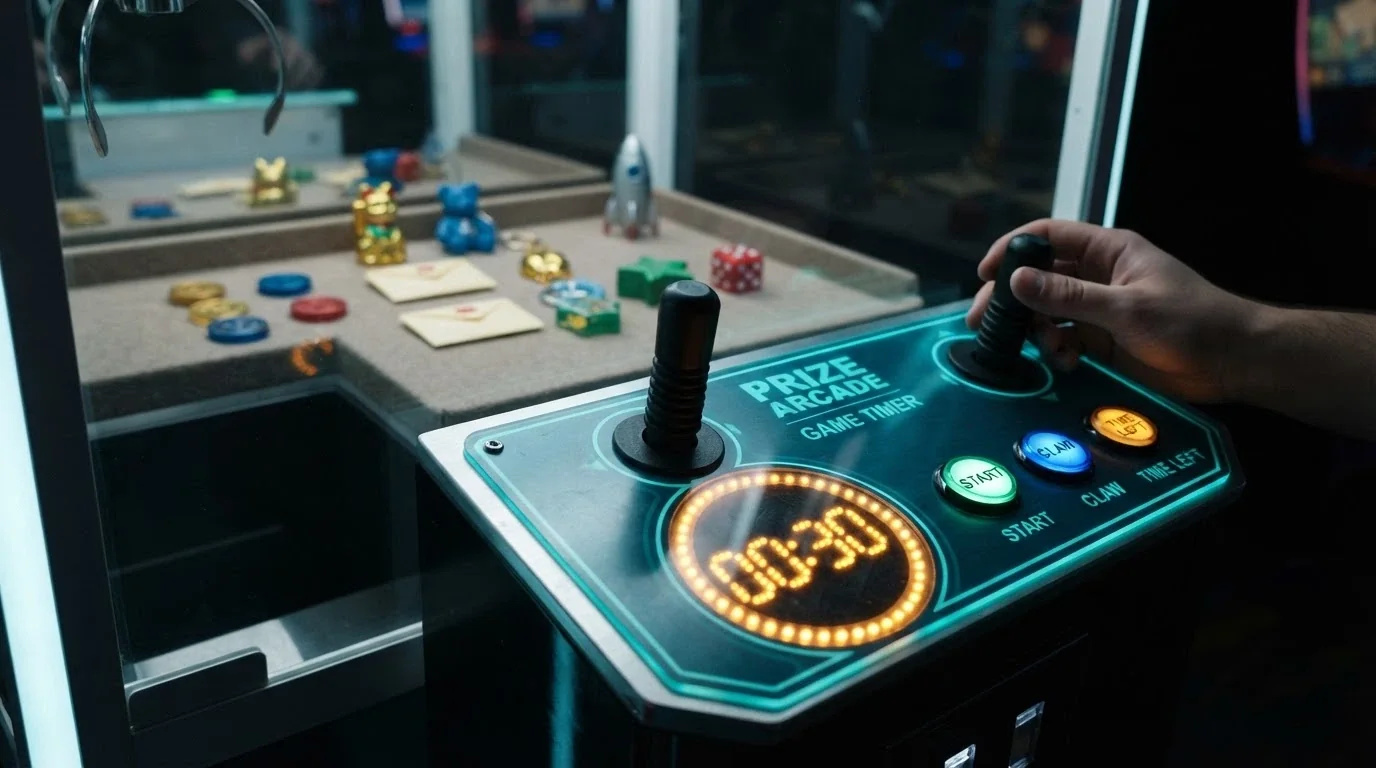Panel de control digital con palancas direccionales y temporizador de 30 segundos junto a la máquina de garras con los diez tipos de ítem visibles en su base