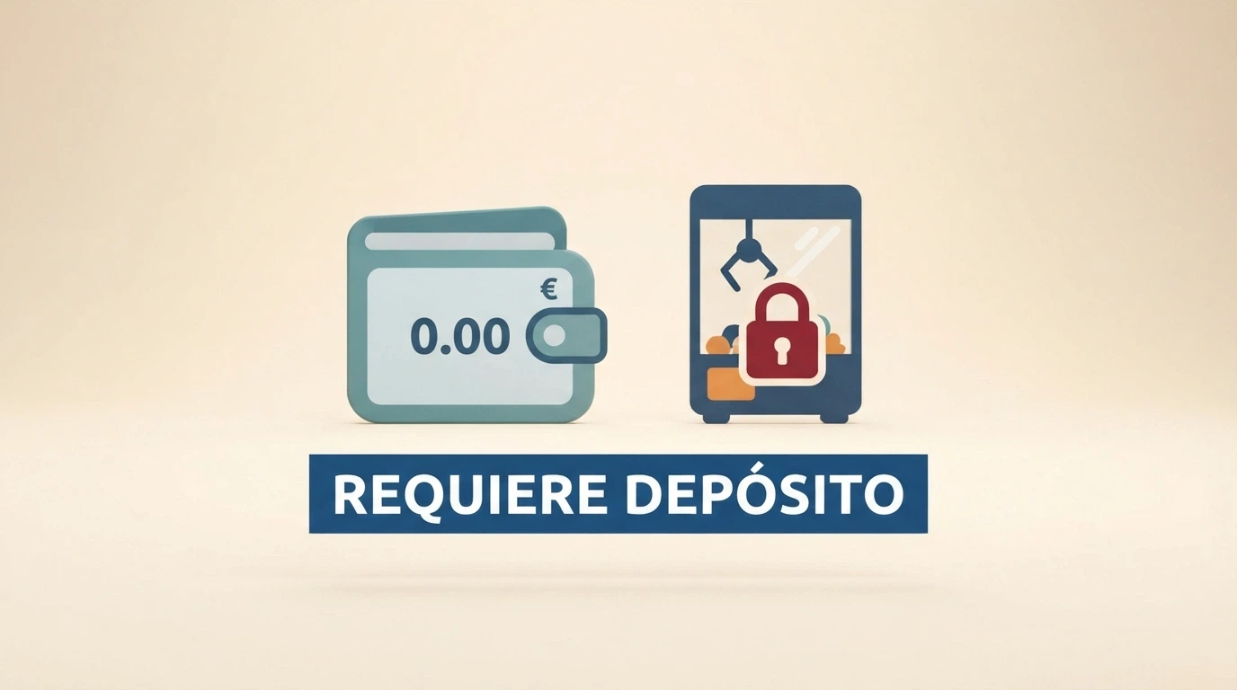 Monedero virtual con saldo cero junto a una garra Bonus Crab bloqueada con un candado y el texto «requiere depósito» en pantalla