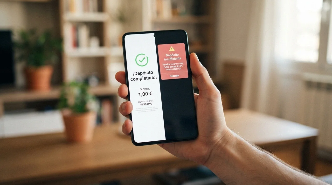 Pantalla dividida: a la izquierda un depósito de 1 euro aceptado, a la derecha un mensaje de «depósito insuficiente para activar el bono de bienvenida»