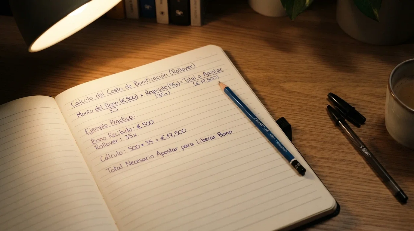 Calculadora de escritorio junto a una libreta con la fórmula del coste esperado: turnover × (1 − RTP), con los valores de un ejemplo real anotados