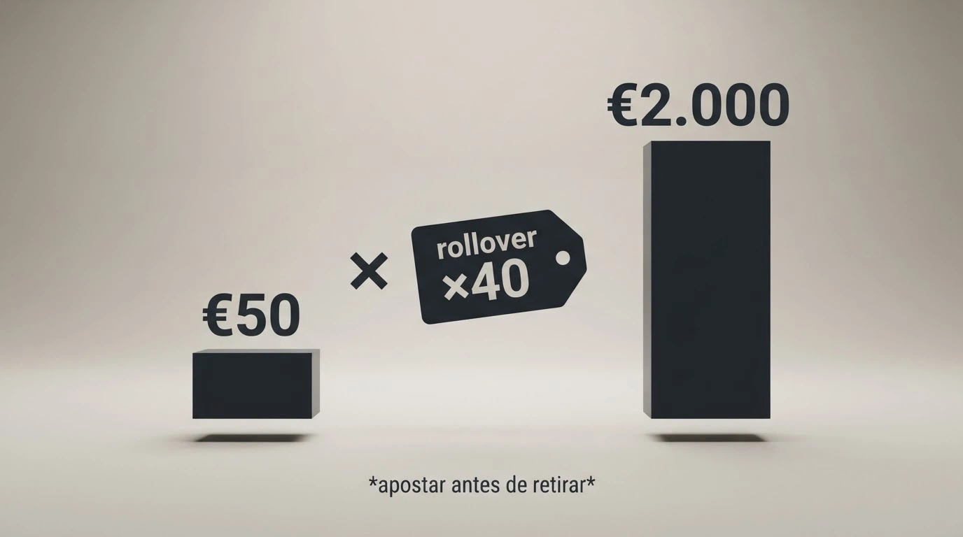 Infografía sencilla mostrando el cálculo: bono de €50 × rollover x40 = €2.000 que hay que apostar antes de retirar un solo euro de ganancia.