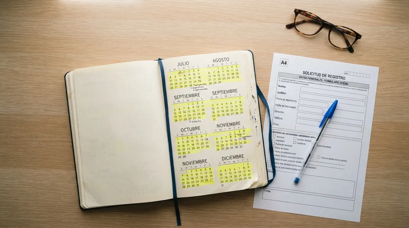 Un calendario marcando seis meses y un formulario oficial de la DGOJ sobre una mesa