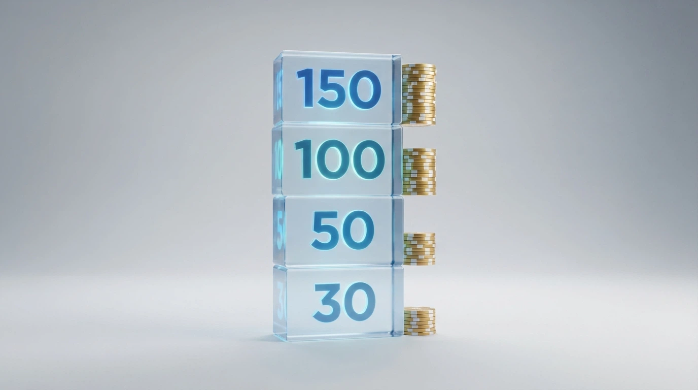 Cuatro bloques apilados con los números 30, 50, 100 y 150 acompañados de monedas que representan el valor de cada tramo de tiradas