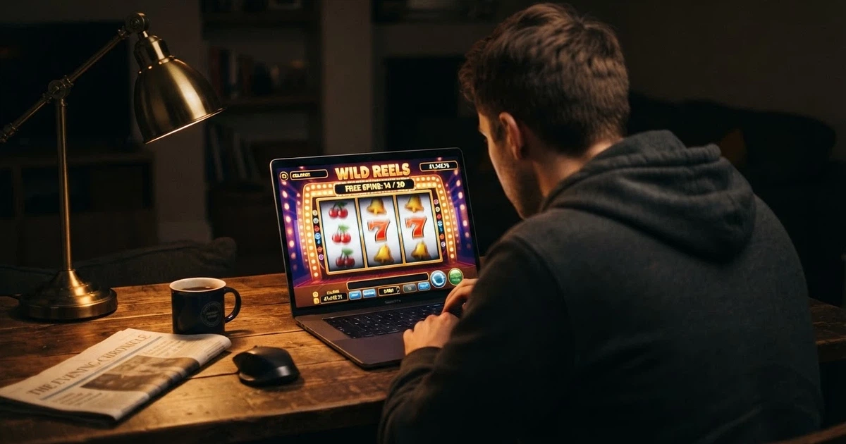 Un jugador frente a la pantalla de un casino online con el contador de tiradas gratis visible y las condiciones en letra pequeña al margen