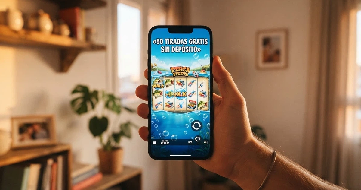 Mano sosteniendo un móvil con la pantalla de una slot de casino online y el texto «50 tiradas gratis sin depósito» superpuesto