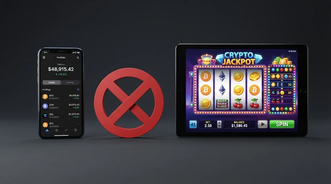 Interfaz de un monedero de criptomonedas junto a una pantalla de casino, con un símbolo de prohibido sobre el logo de la DGOJ