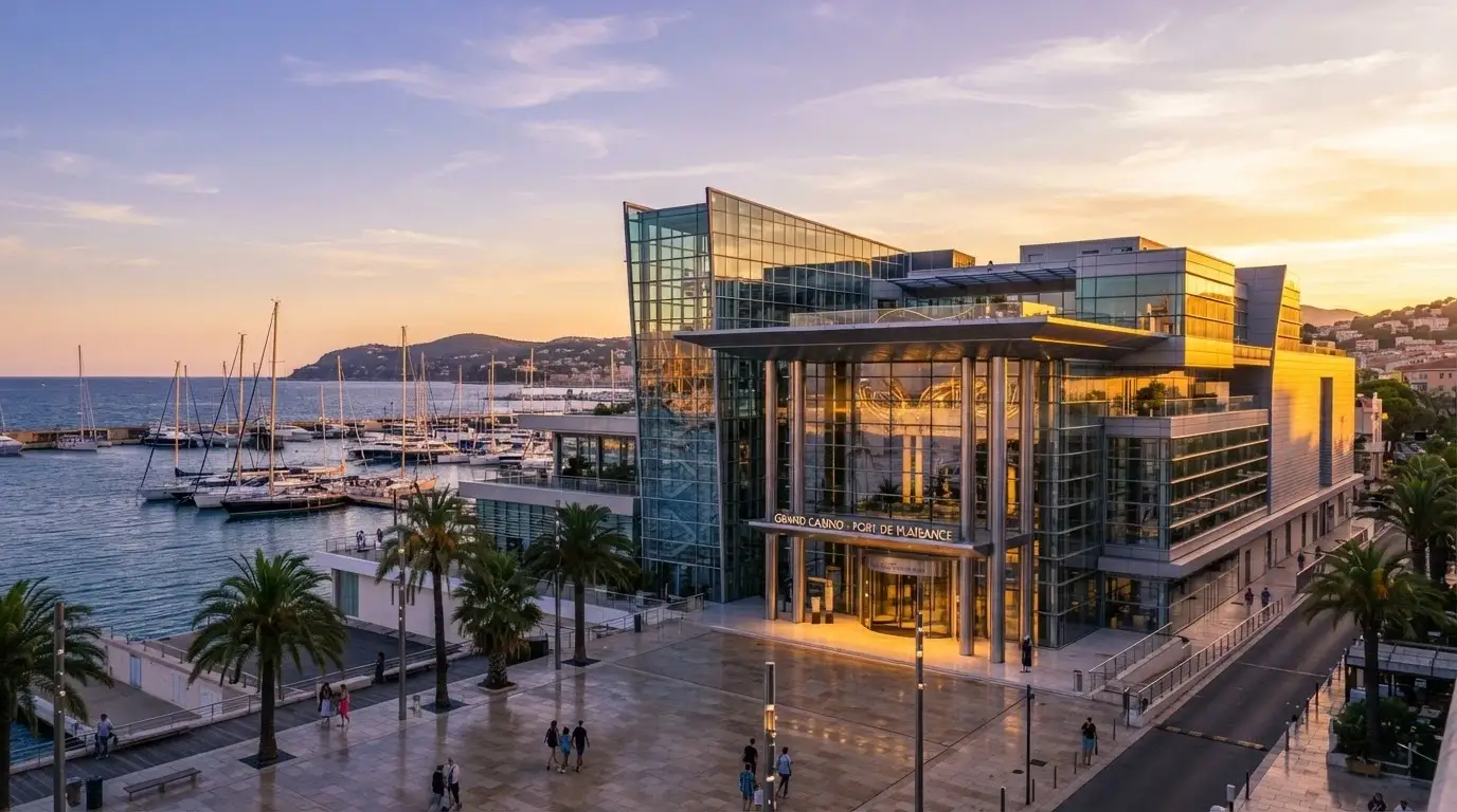 Edificio del Casino Barcelona junto al puerto con el mar Mediterráneo al fondo