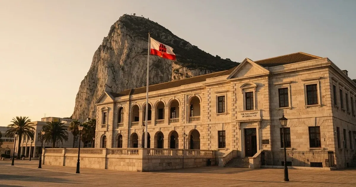 Edificio gubernamental de Gibraltar con la bandera gibraltareña ondeando al frente y la silueta del Peñón al fondo