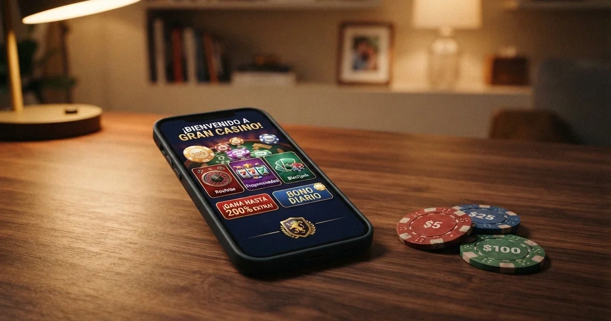 Pantalla de inicio de un casino online en español con fichas de bonos, porcentajes de bienvenida y el sello de licencia DGOJ visibles en el pie de página