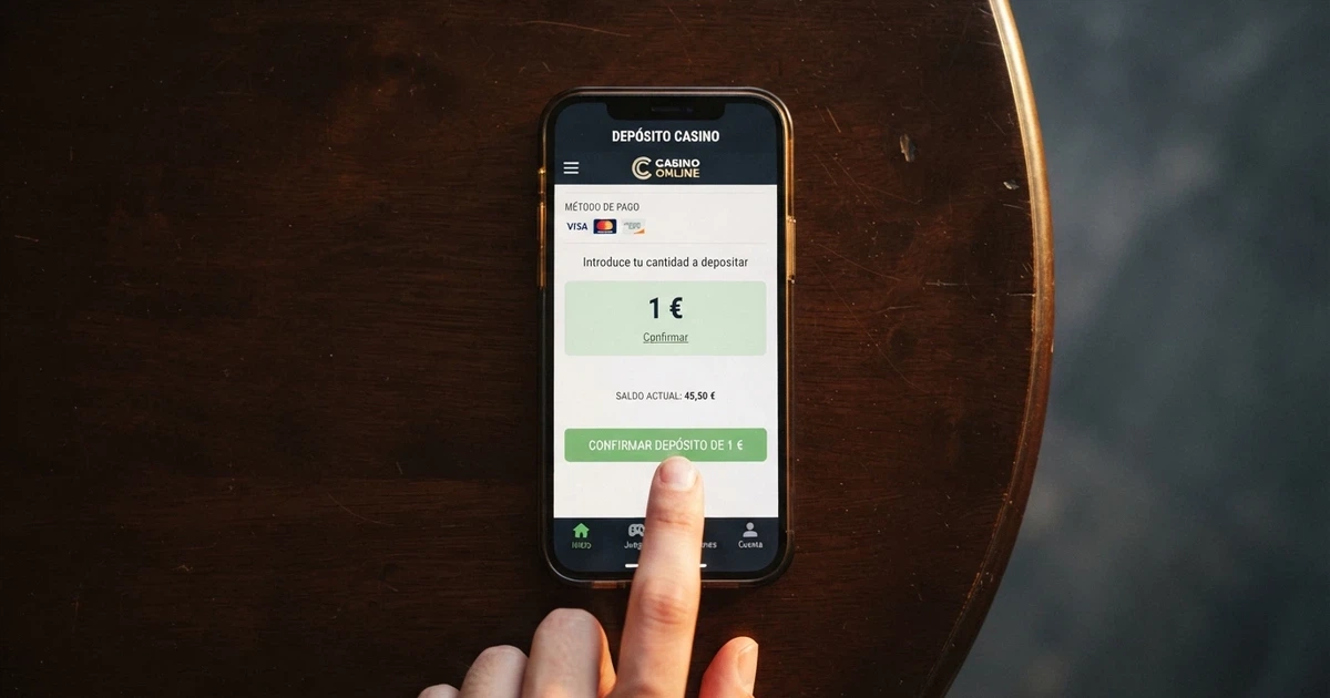 Móvil mostrando la pantalla de ingreso de un casino online con el importe de 1 euro seleccionado