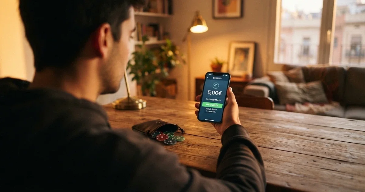 Jugador consultando el móvil junto a un monedero con cinco euros en monedas sobre una mesa, con la pantalla mostrando la ficha de ingreso de un casino online
