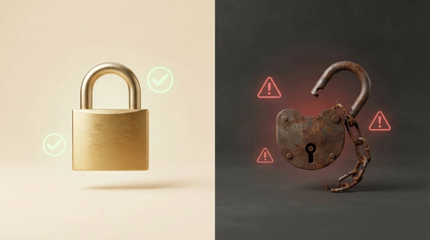 Ilustración conceptual que contrasta un casino con dominio .es y candado DGOJ frente a uno sin licencia con señales de advertencia