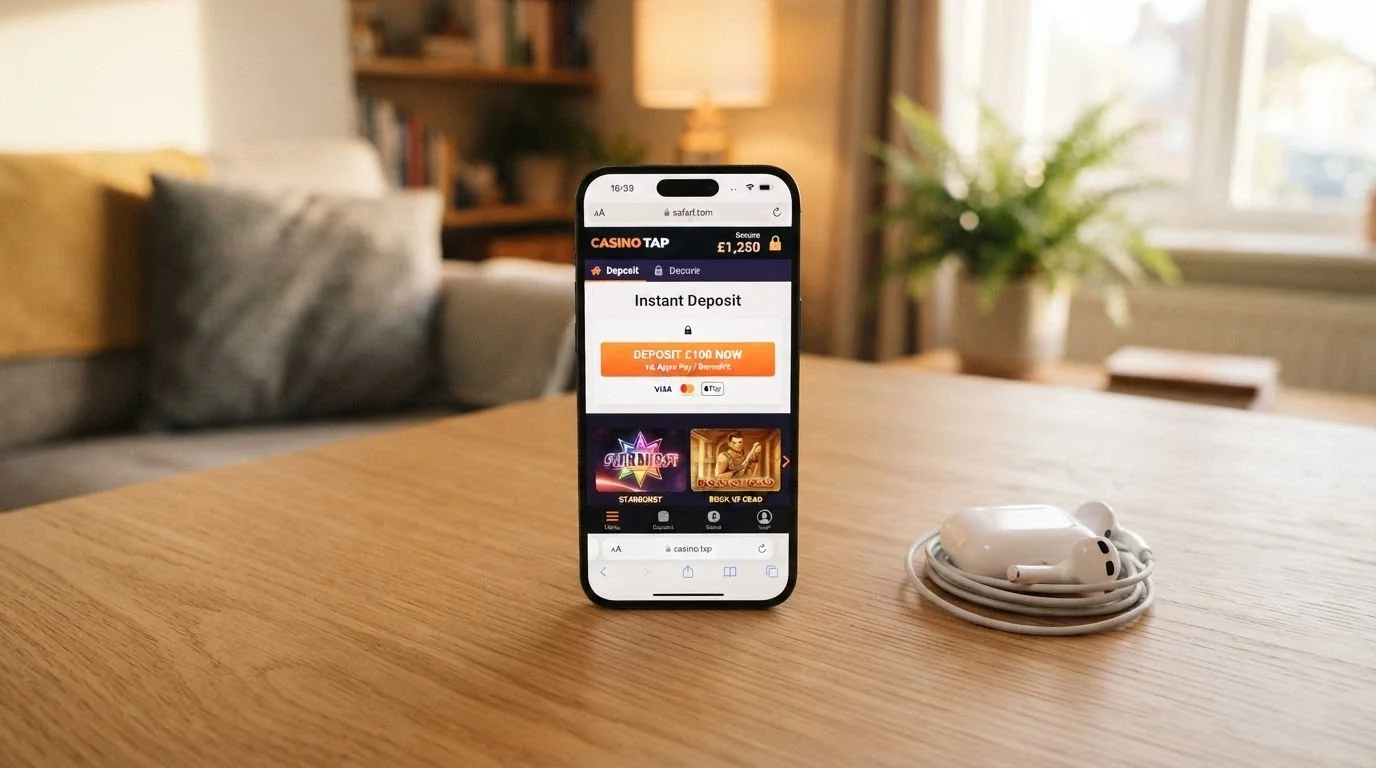 Un iPhone mostrando un casino online en el navegador Safari con el botón de Apple Pay destacado en la pantalla de depósito