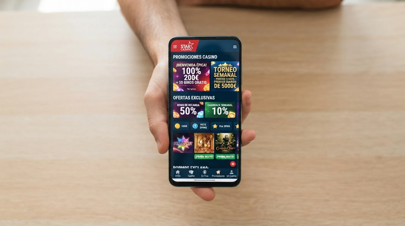 Mano sosteniendo un teléfono con la página de promociones de un casino DGOJ abierta en el navegador