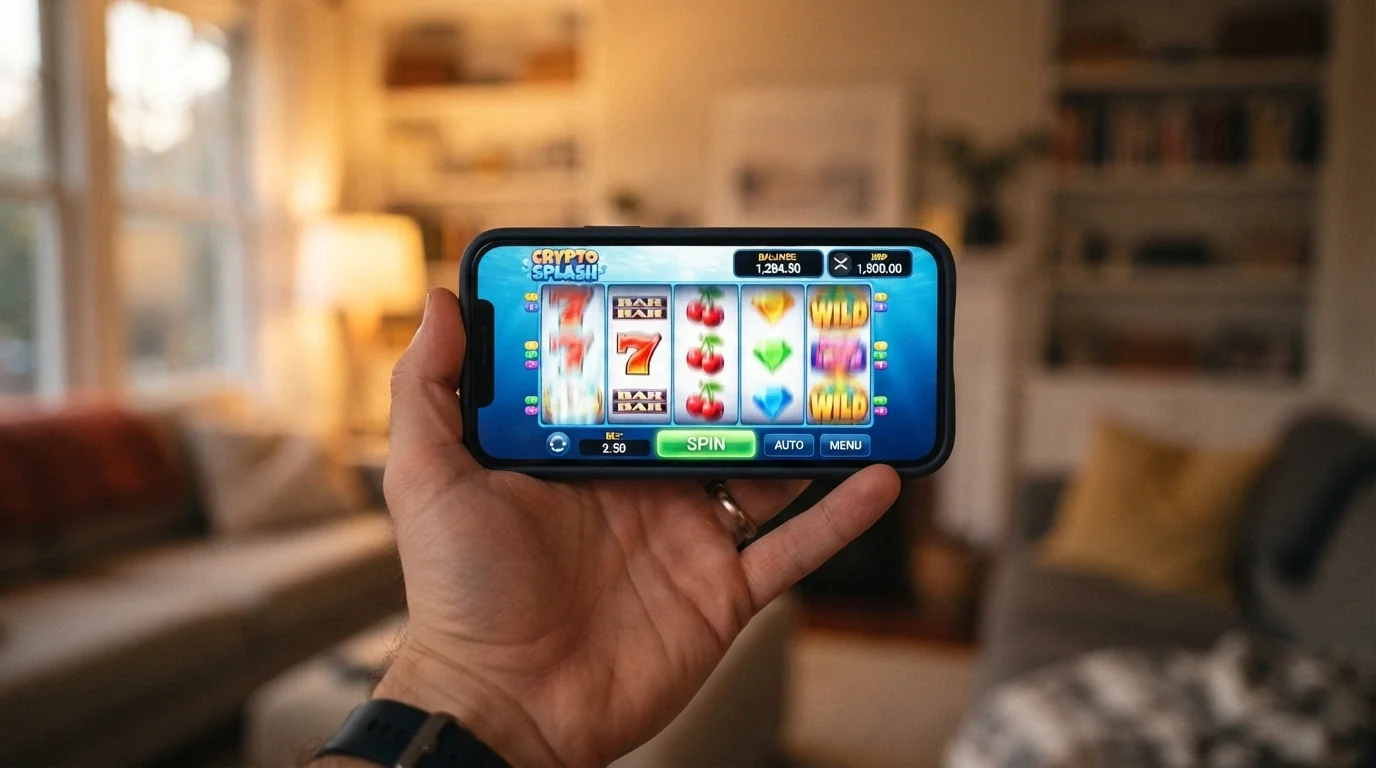 Una mano sujetando un smartphone en horizontal con una tragaperras en pantalla y el icono de XRP en la barra de depósito